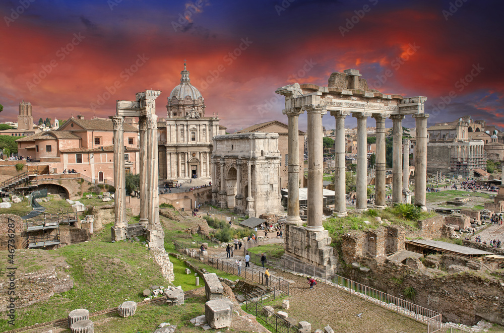 Sunset above Ancient Ruins of Rome - Imperial Forum