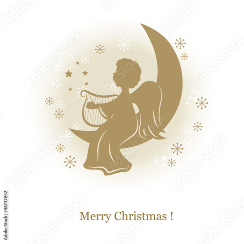 Little cute angel with harp on a moon. Hand drawing illustration