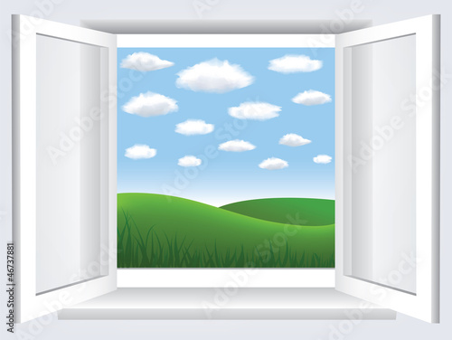 window with  blue sky, clouds and green hiil photo