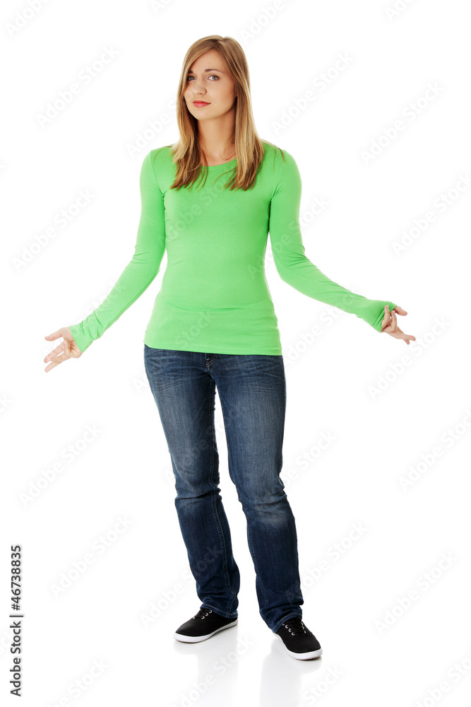 Teen woman do not know what to do. Teen woman do not know what to do.