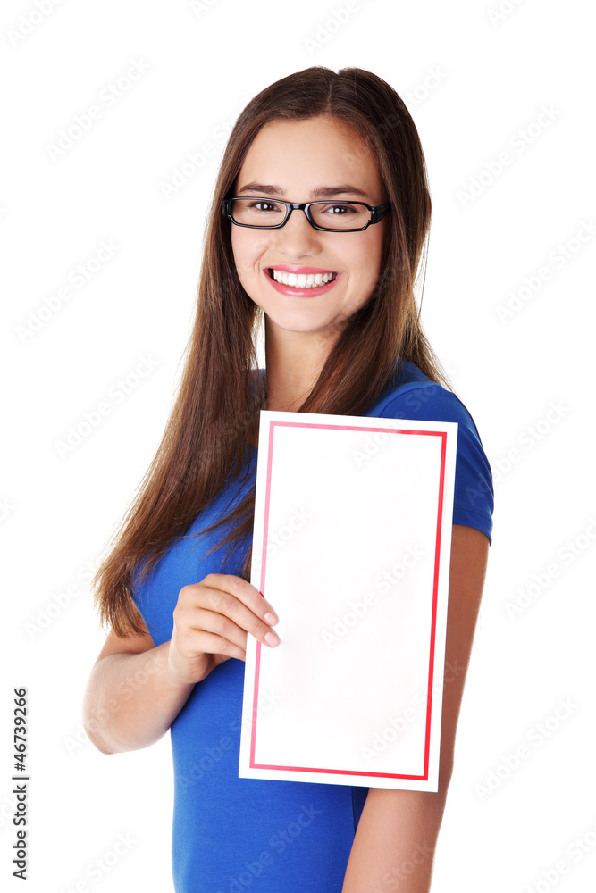 Portrait young happy woman with blank board Portrait young happy woman with blank board