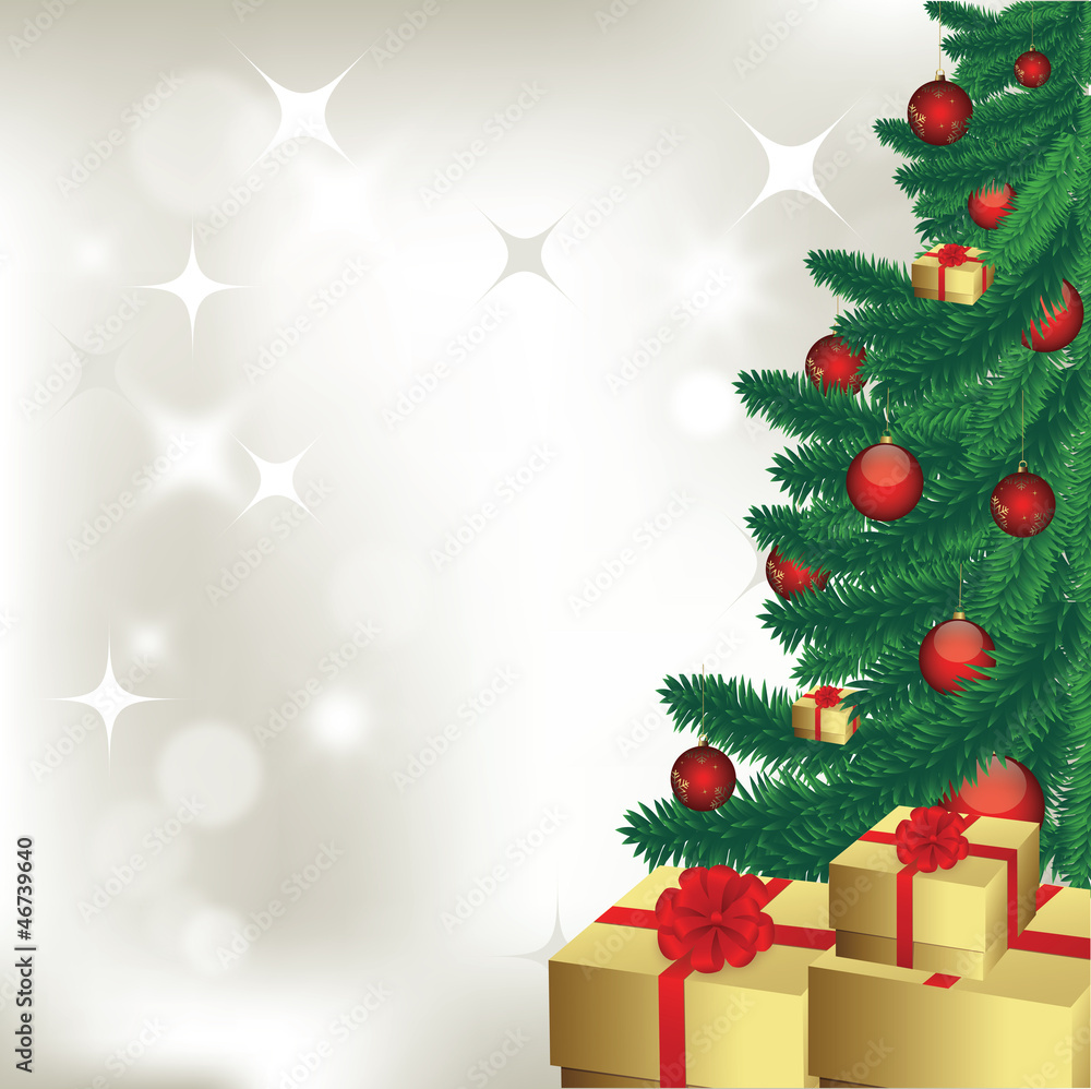 Christmas tree and gift, vector image card