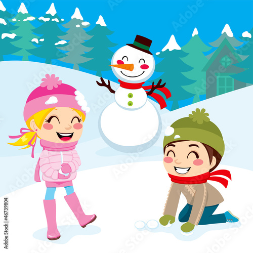 Kids Playing Snowball Fight Outdoors On Winter