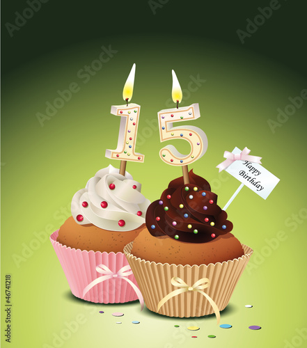 Cupcake mit Geburtstagskerze die Zahl 15