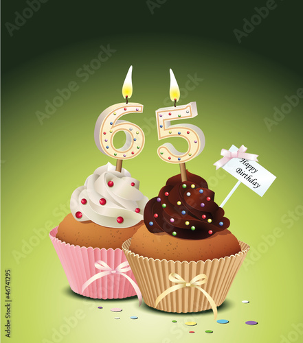 Cupcake mit Geburtstagskerze die Zahl 65