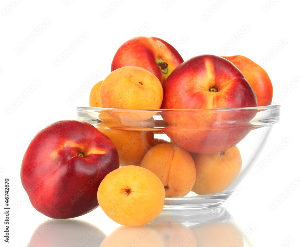 Ripe fruit in glass bowl isolated on white Ripe fruit in glass bowl isolated on white