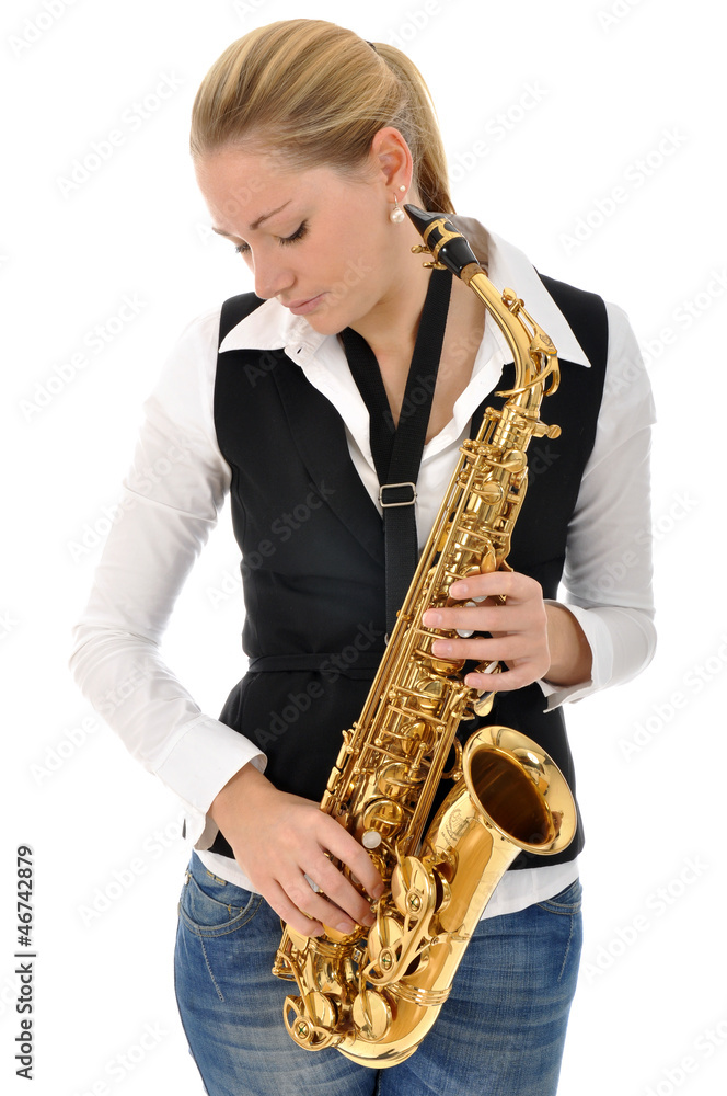 Fototapeta premium Junge Frau mit Saxophon