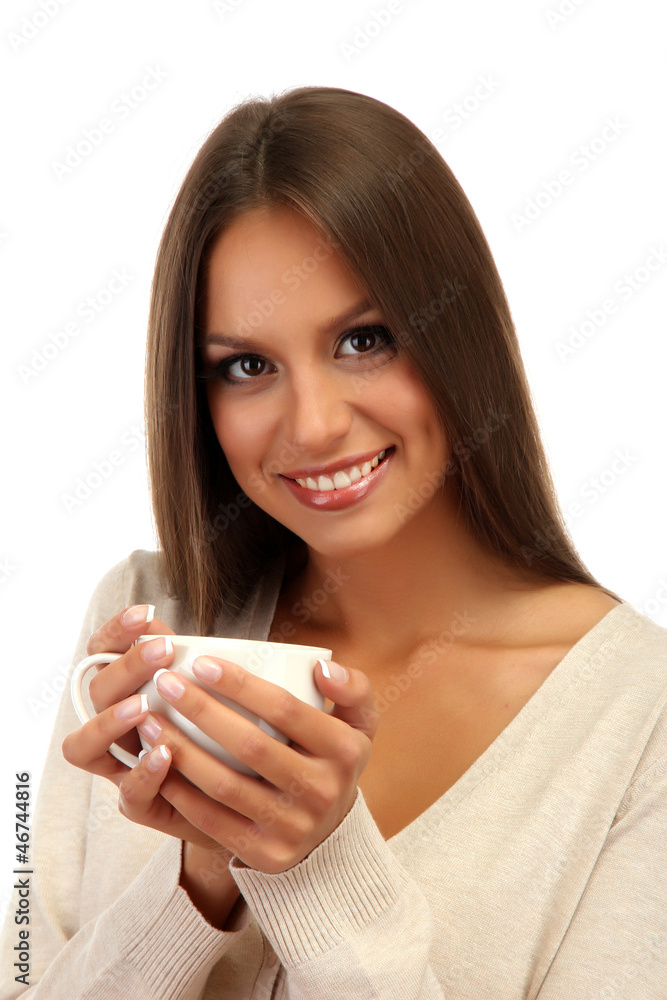 beautiful young woman with cup of coffee, isolated on white beautiful young woman with cup of coffee, isolated on white