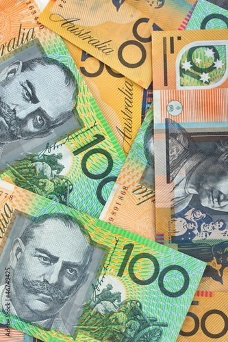 Australian currency background, notes include $100 and $50