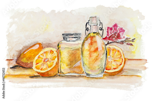 Oranges and  glass of juice still life isolated