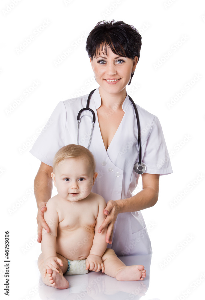 beautiful doctor and baby on a white background. beautiful doctor and baby on a white background.