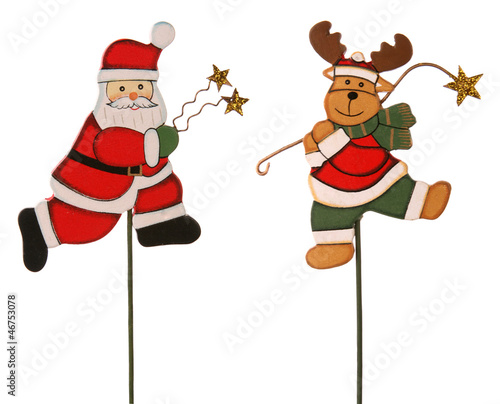 Santa Claus and Reindeer - wooden ornaments on a stick