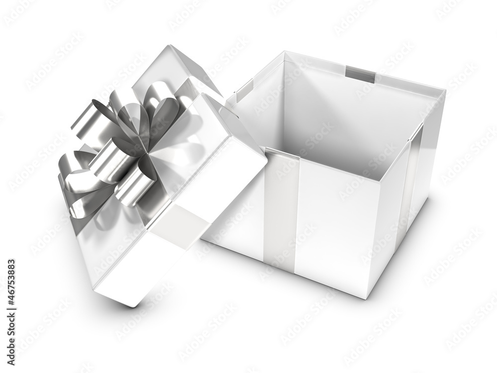 3d Open white Gift box with silver bow 3d Open white Gift box with silver bow