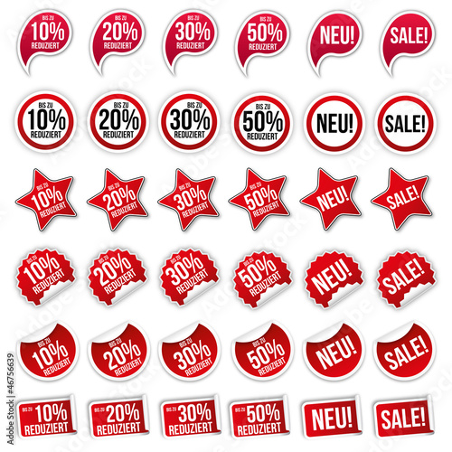 Rabatt Sticker - Reduziert - Neu - Sale / Rot