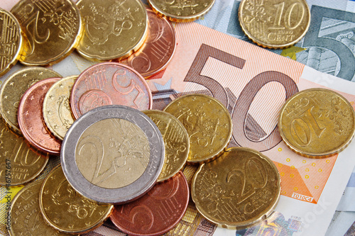 European money closeup, euro coins and bills