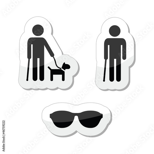 Blind man icons set - with guide dog, walking stick