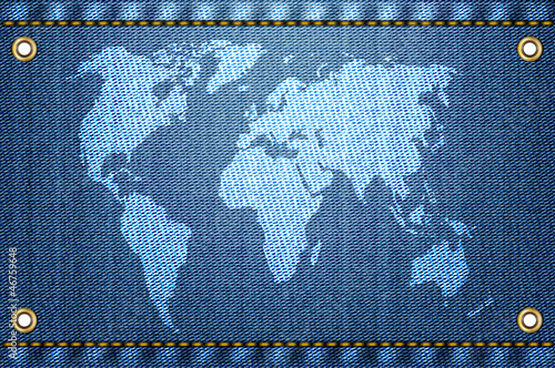 White world map on blue jeans background