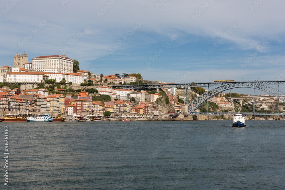 View of Porto city at the riverbank (Ribeira quarter) and wine b
