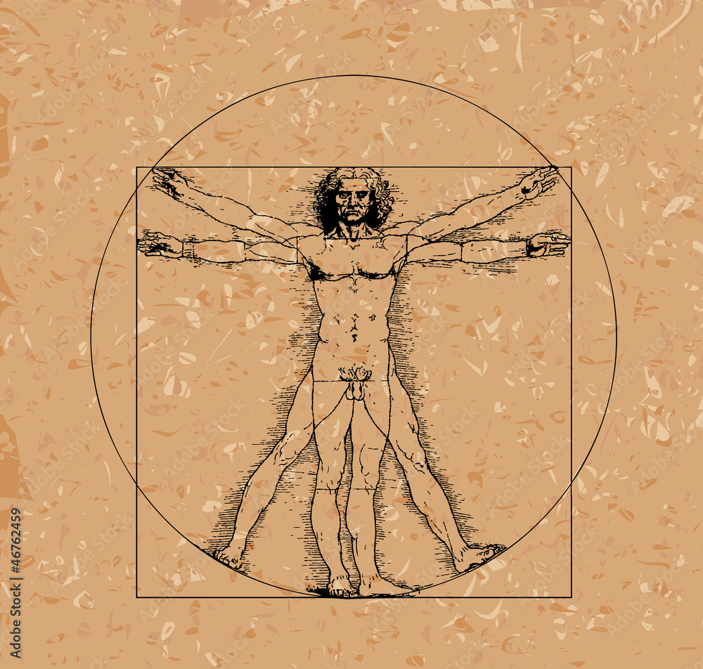 Naklejka premium Vitruvian man with crosshatching and sepia tones