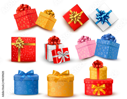 Set of colorful gift boxes with bows and ribbons.