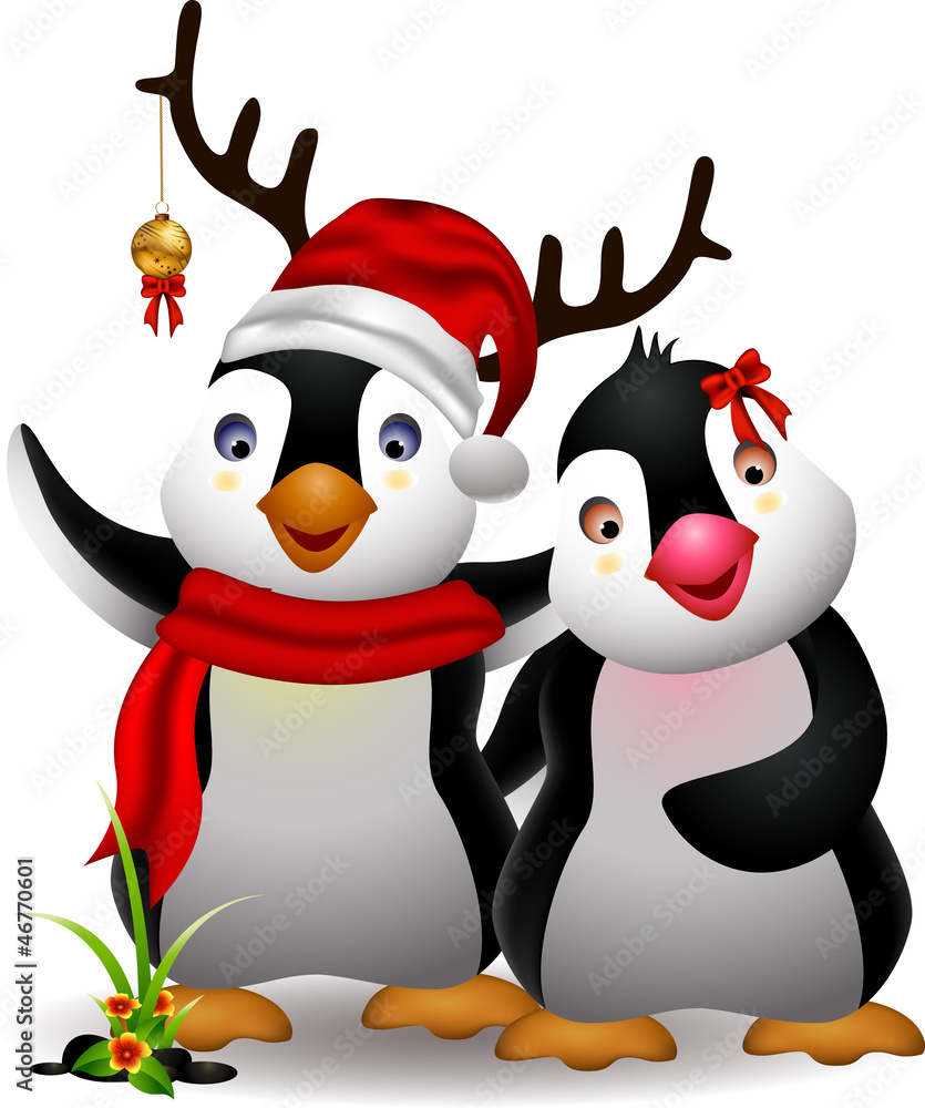 Naklejka premium cute penguin christmas cartoon couple with love