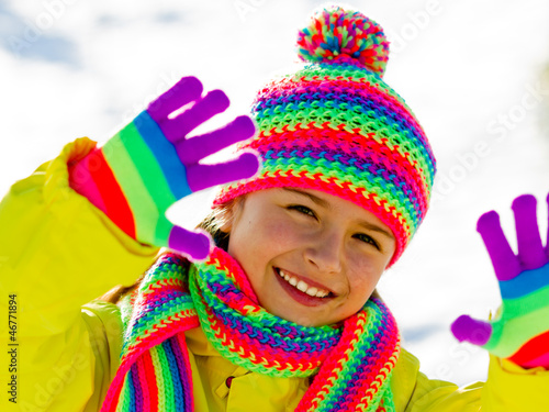 Winter fun , snow, cute kid enjoying winter