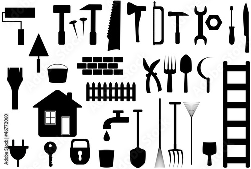 set black isolated tools to work at home, repair or garden