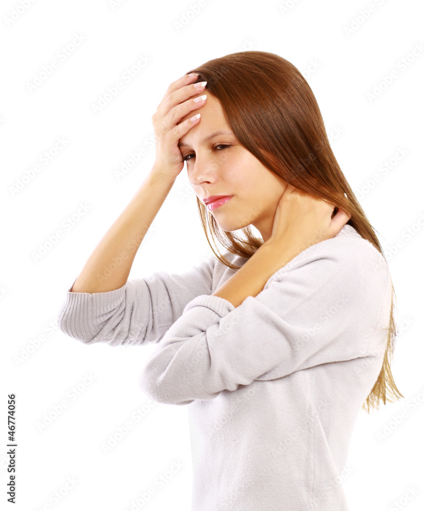 Young woman with head pain on white background Young woman with head pain on white background