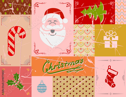 Vintage christmas card in red colors. Collage of christmas icons