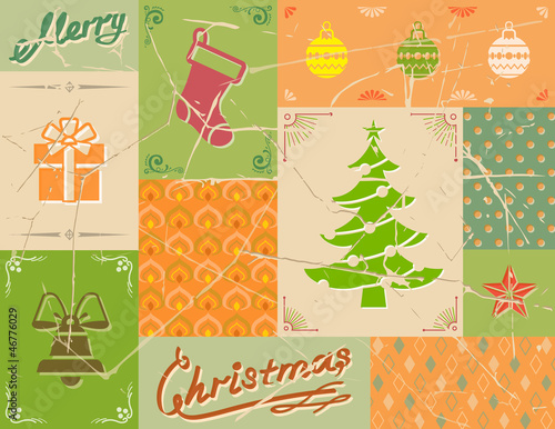 Vintage christmas card in green colors. Christmas icons collage
