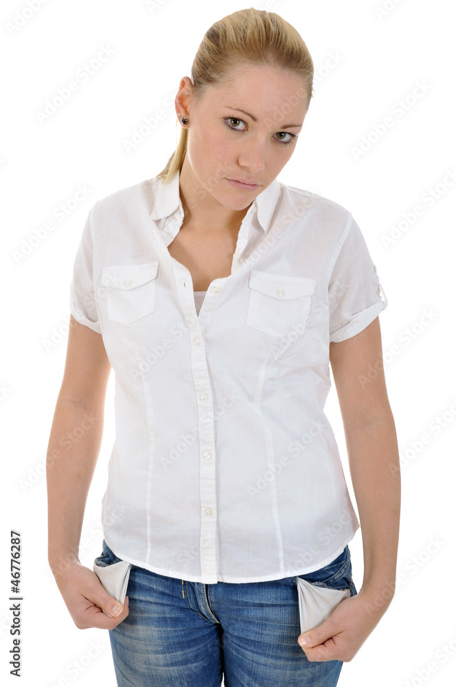 Junge Frau mit leeren Taschen Junge Frau mit leeren Taschen