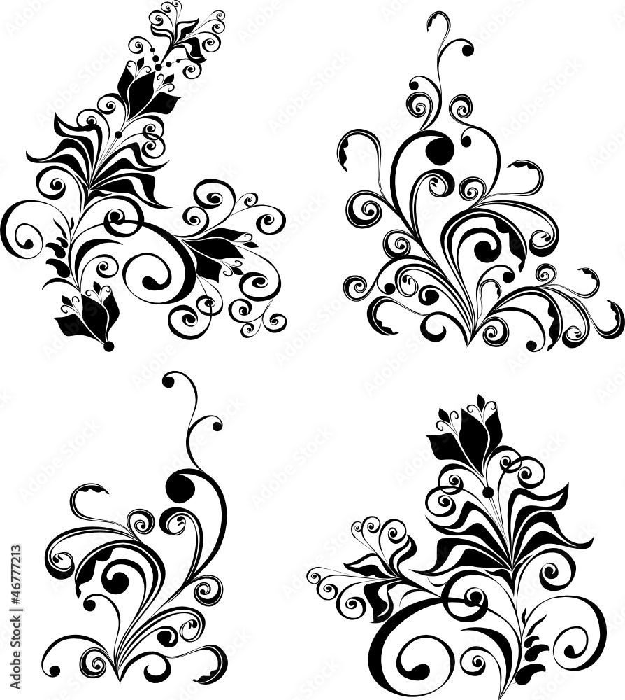 Set decorative floral ornament with butterfly Set decorative floral ornament with butterfly