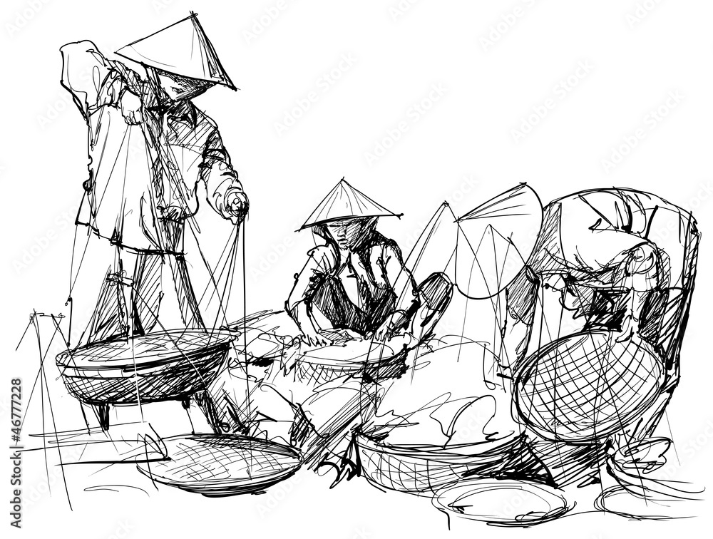 Fotobehang Art Studio marktlandschap in Vietnam #46777228