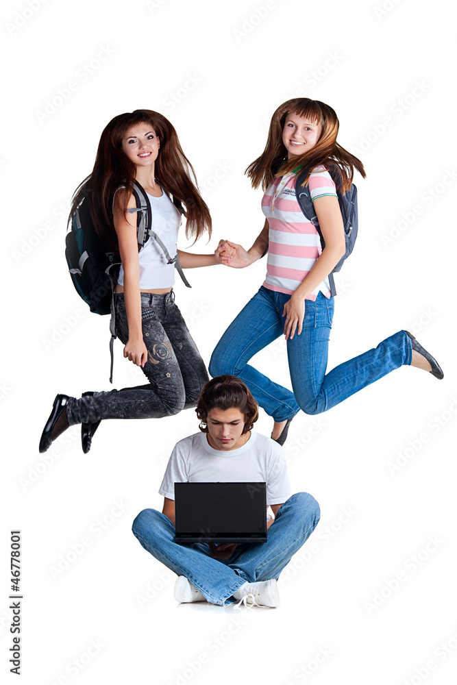 Fototapeta premium Three students with laptop
