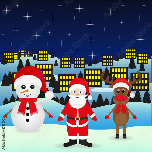 Santa Claus and Snowman Christmas reindeer in the night city
