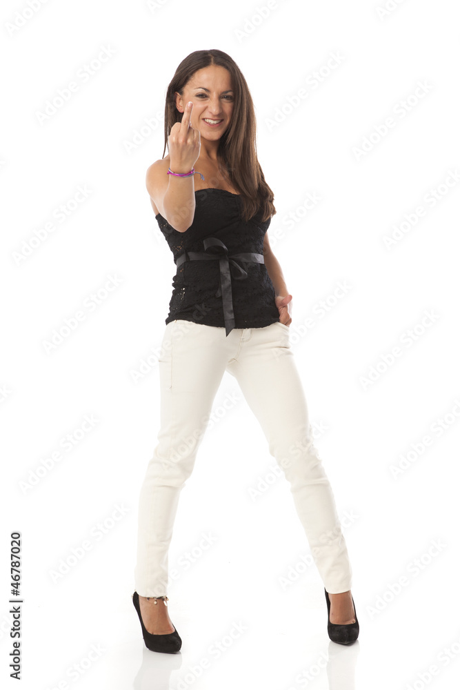 real young beautiful woman showing her finger real young beautiful woman showing her finger