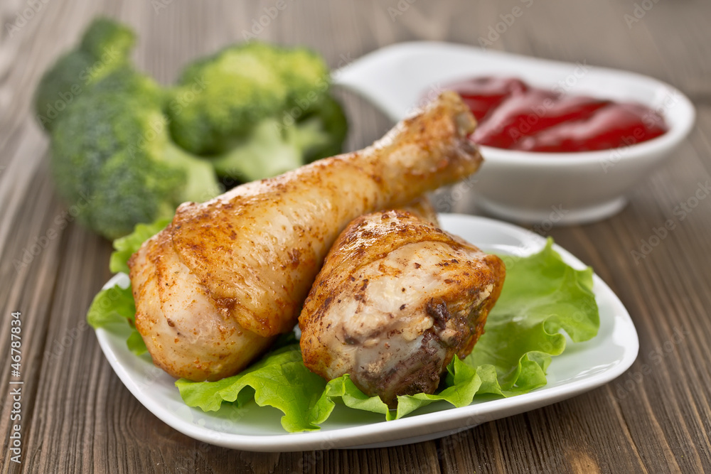 fried chicken legs, broccoli and sauce fried chicken legs, broccoli and sauce