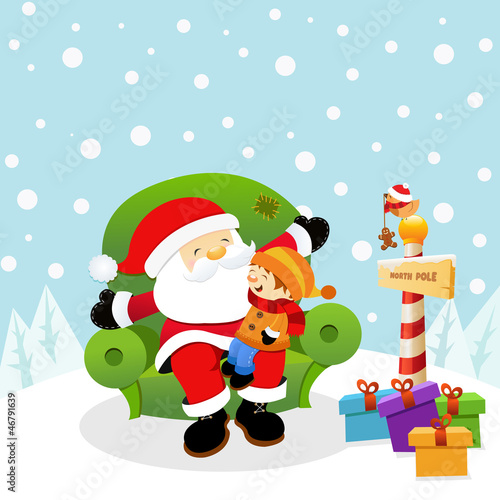 Kid Sitting On Santa's Lap waiting Christmas Gift