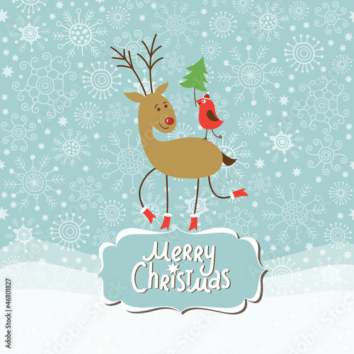 Christmas and New Year Greeting card, cute Deer and little Bird
