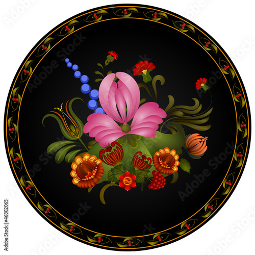 Petrikov painting.  Vintage floral ornament on black round plate photo