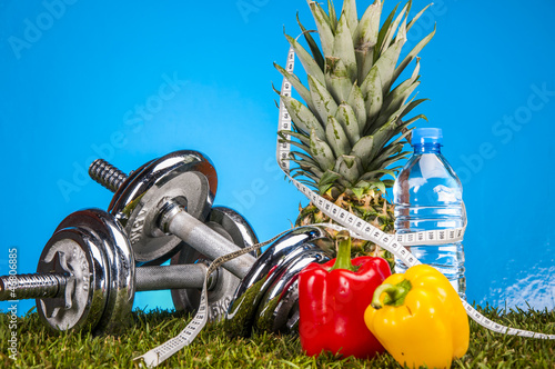 Fitness theme with healthy food with light background