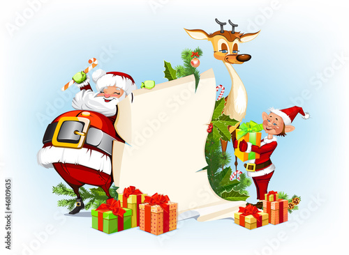 background with reindeer, Santa Claus and his elves