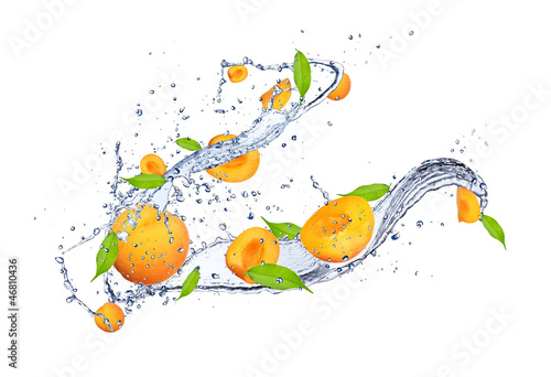 Fototapeta Naklejka Na Ścianę i Meble -  Fresh apricots in water splash, isolated on white background