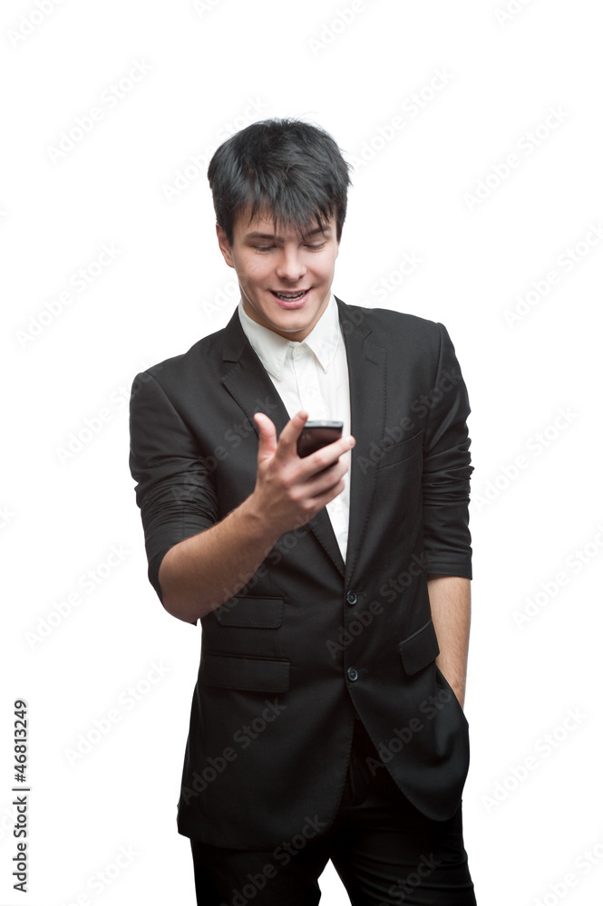 happy smiling businessman using cell phone