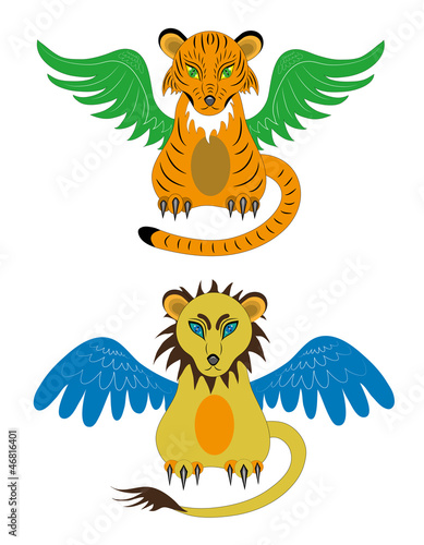 Tiger cub and young lion