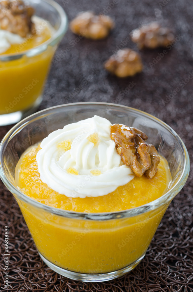 pudding with pumpkin and mango closeup pudding with pumpkin and mango closeup