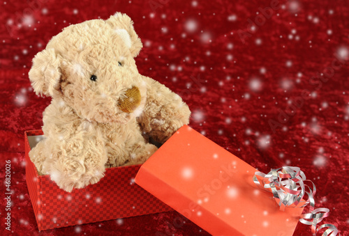 Teddy bear in giftt box on red photo