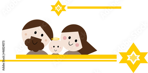 Humorvolle Cartoon-Zeichnung: Josef, Maria und Jesuskind