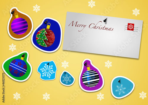 Biglietto auguri di Natale con palline e fiocchi di neve