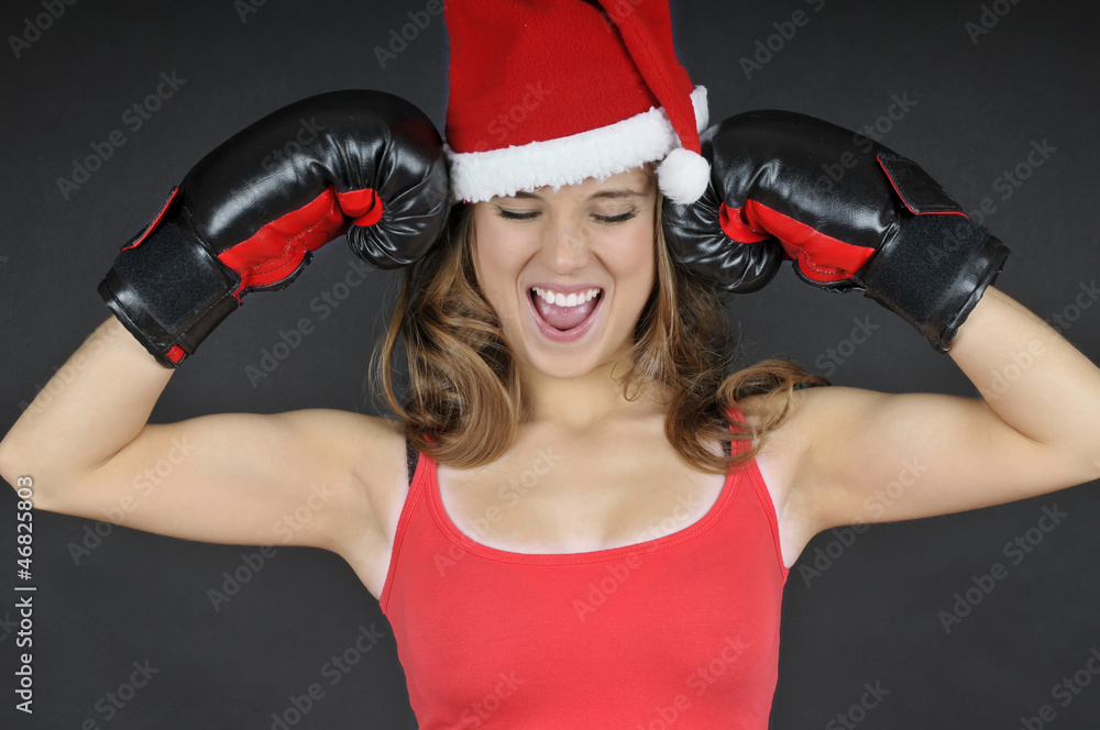 christmas funny girl wearing boxing gloves christmas funny girl wearing boxing gloves